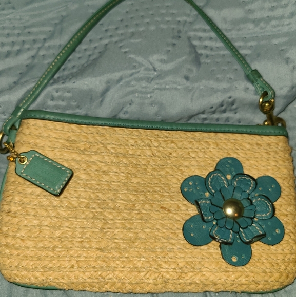 Coach Handbags - Coach Blue and Tan Mini Bag with Floral Embellishment